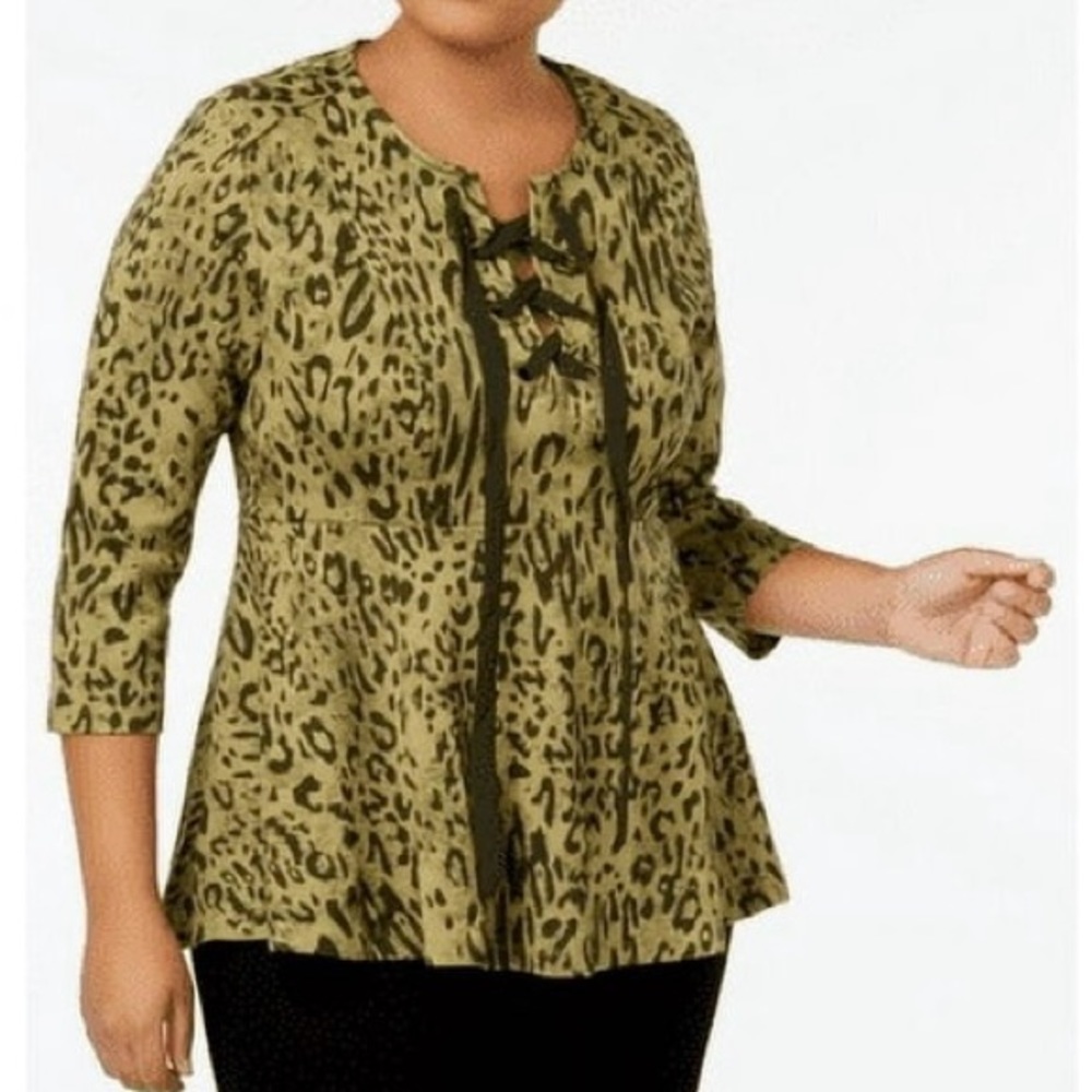 Melissa McCarthy Seven7 Babydoll Lace Up Leopard Top Fall Olive